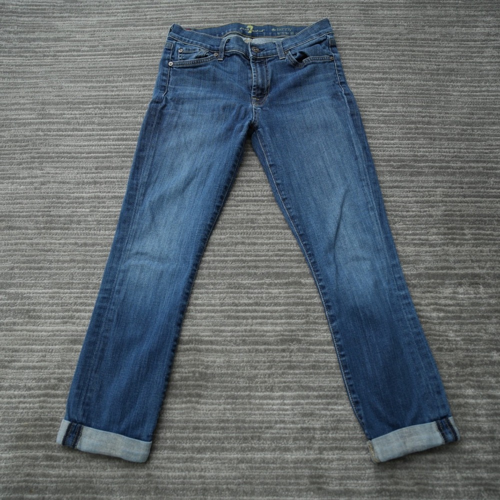 7 For All Mankind Jeans Women Skinny Crop Roll Blue Denim Measured 27x23.75